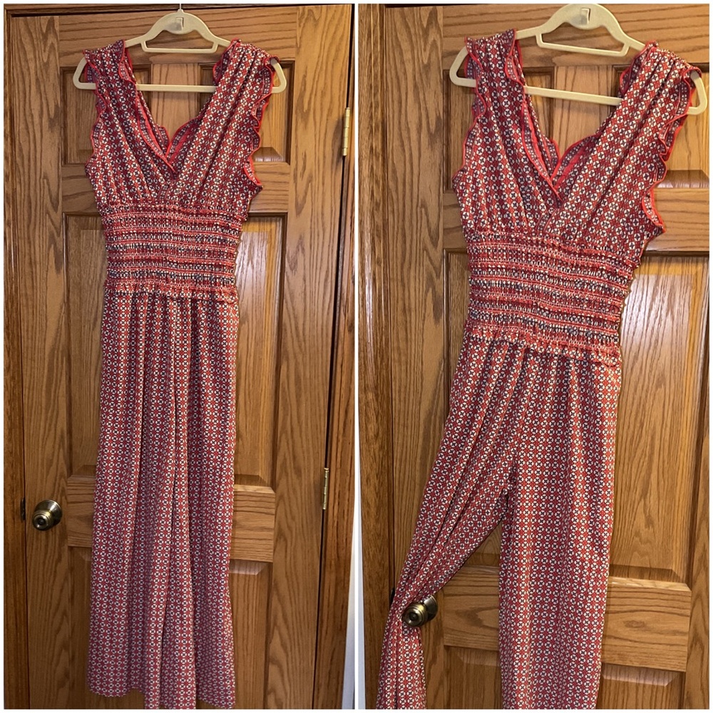 Red Patterned Sleeveless Jumpsuit